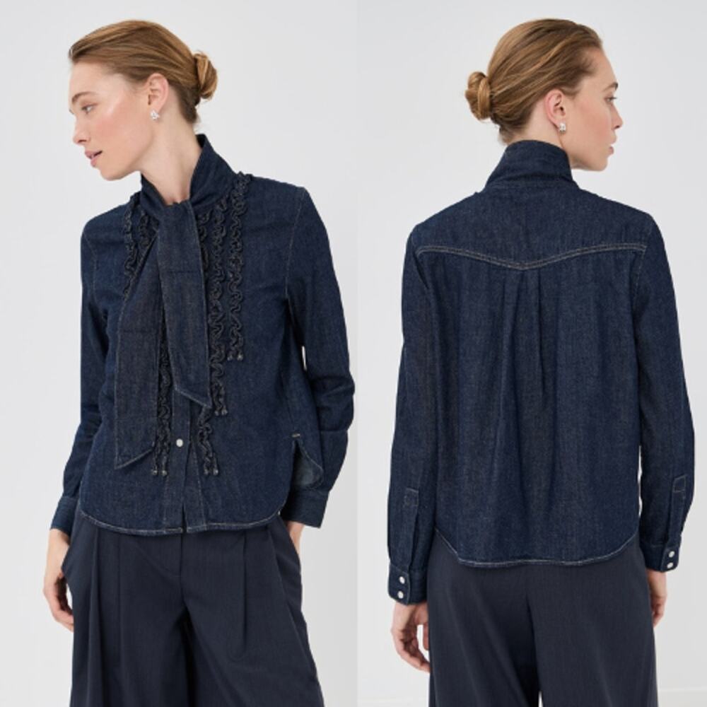 TWP Ruffled DENIM Tie Neck Long Sleeves Connor Button Down Shirt Size: XS